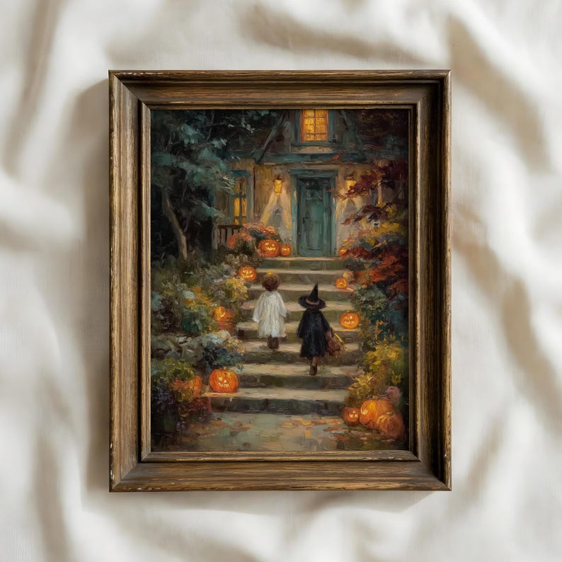 May include: A framed oil painting depicting a night scene with two figures walking up stone steps toward a house entrance. The scene is illuminated by glowing orange jack-o'-lanterns placed along the stairs and foliage, with a dark, moody atmosphere.