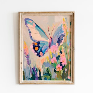 Butterfly Wall Art Print | Pastel Floral Painting | Butterfly Oil Paint | Animal Brushstroke | Colorful Nature Art | Modern Botanical Decor