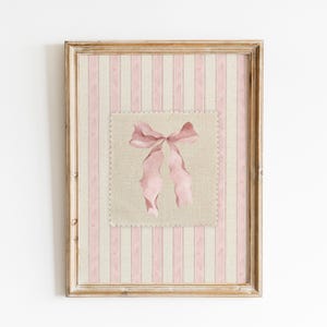 Pink Bow Wall Art | Coquette Nursery Wall Decor | Ribbon Print | Shabby Chic Decor | Cottagecore Pink Ribbon Print | Soft Pink Nursery Decor