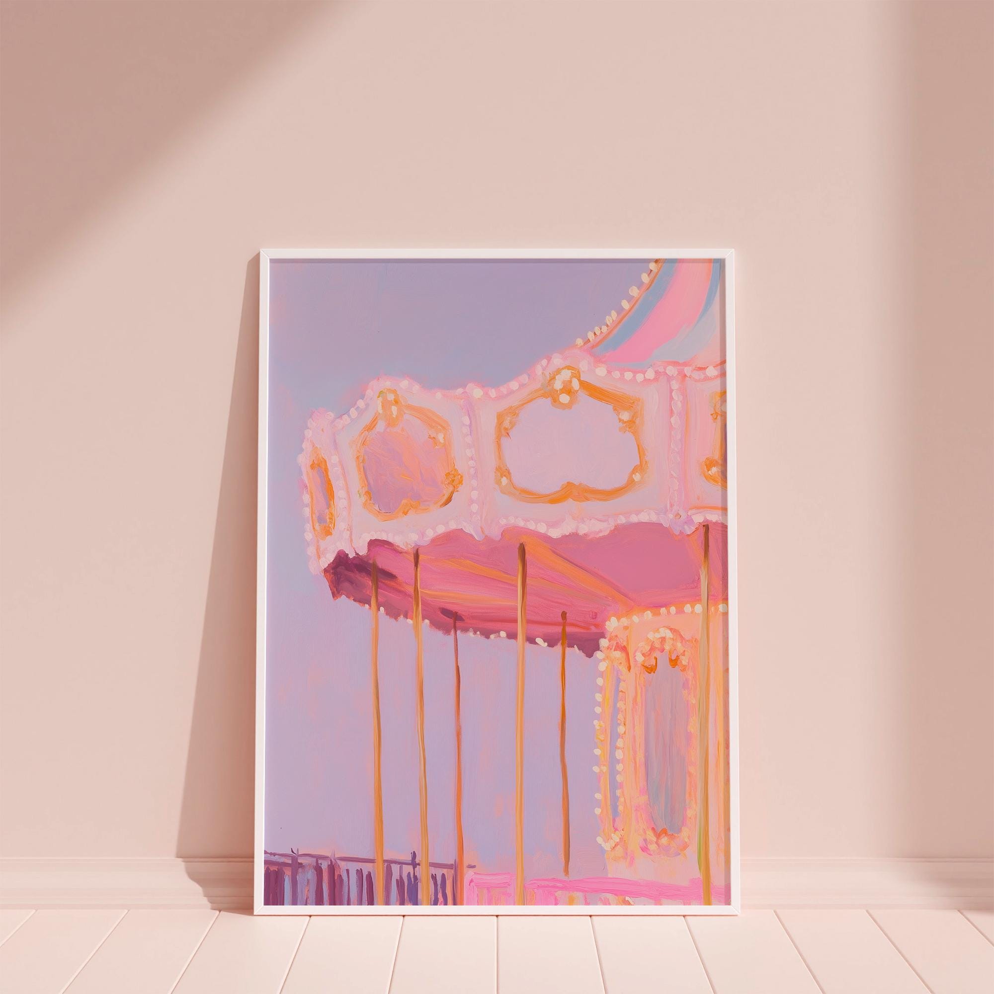 Pastel Carousel Wall Art | Soft Pink Carnival Print | Dreamy Amusement ...
