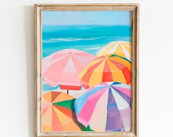 Ombrelloni da spiaggia pastello, decorazioni murali / Pittura a olio costiera colorata / Stampa sul mare / Decorazione estiva da spiaggia per la casa moderna / Decorazione murale ispirata all'oceano