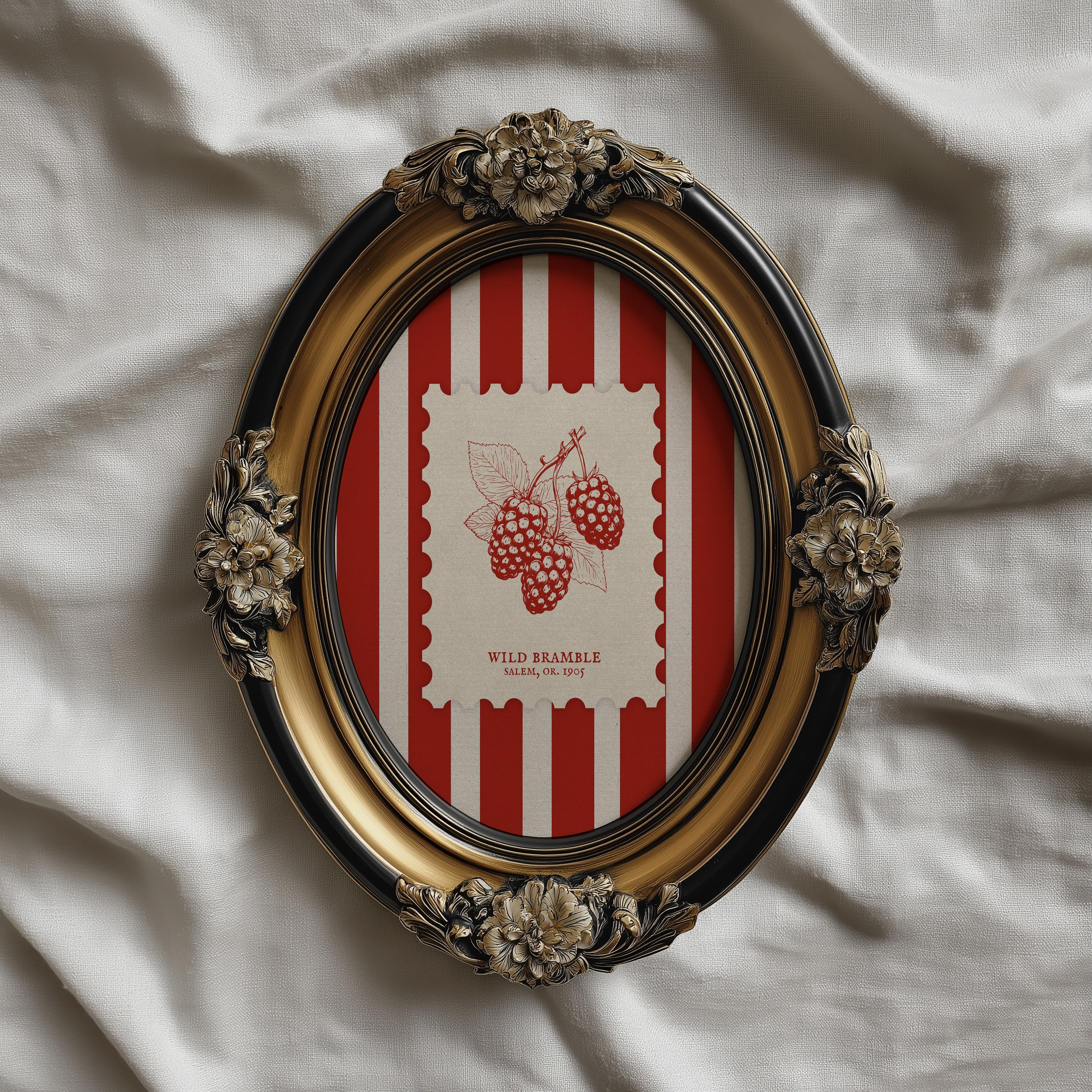 Vintage Raspberry Stamp Art | Rustic Kitchen Berry Wall Art | Vintage ...