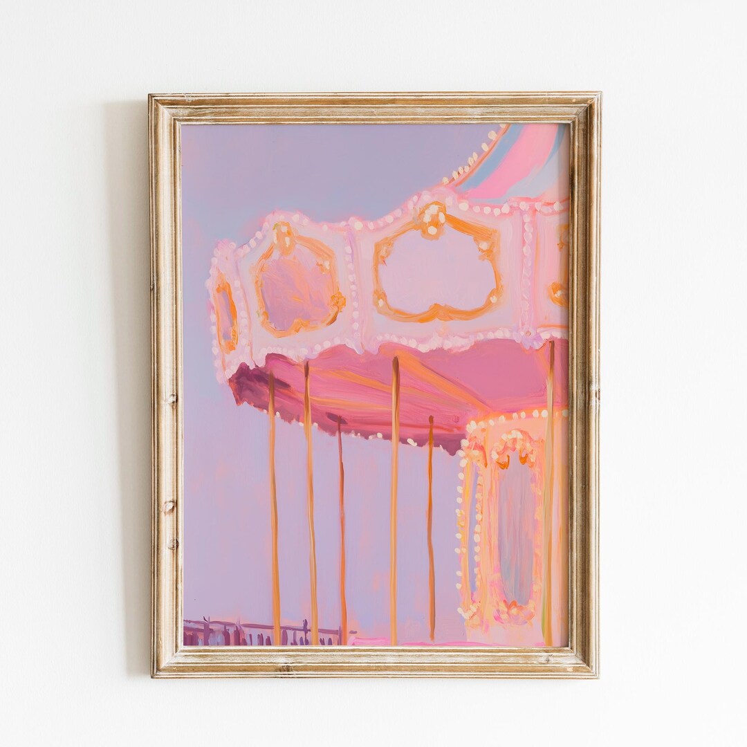 Pastel Carousel Wall Art | Soft Pink Carnival Print | Dreamy Amusement ...