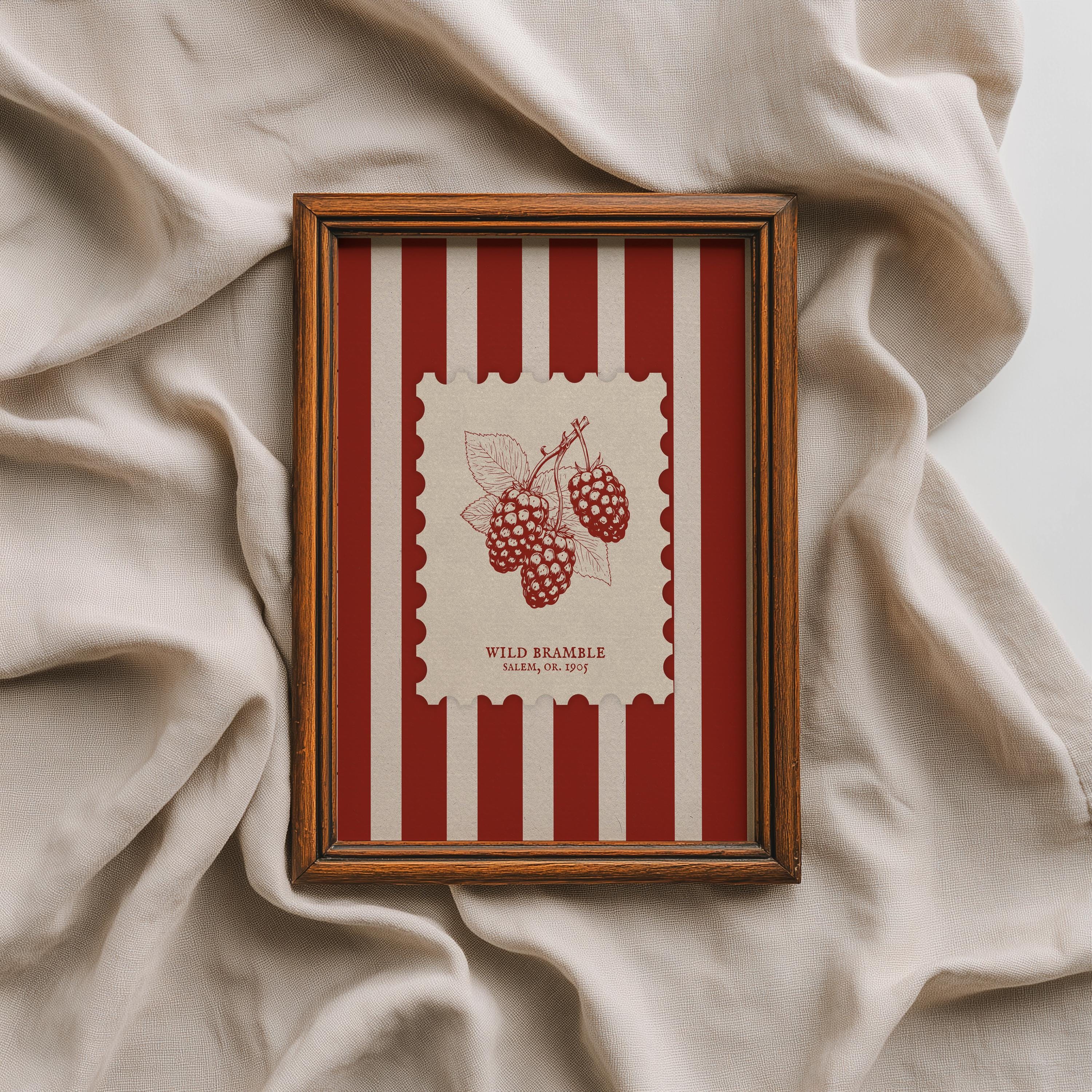 Vintage Raspberry Stamp Art | Rustic Kitchen Berry Wall Art | Vintage ...