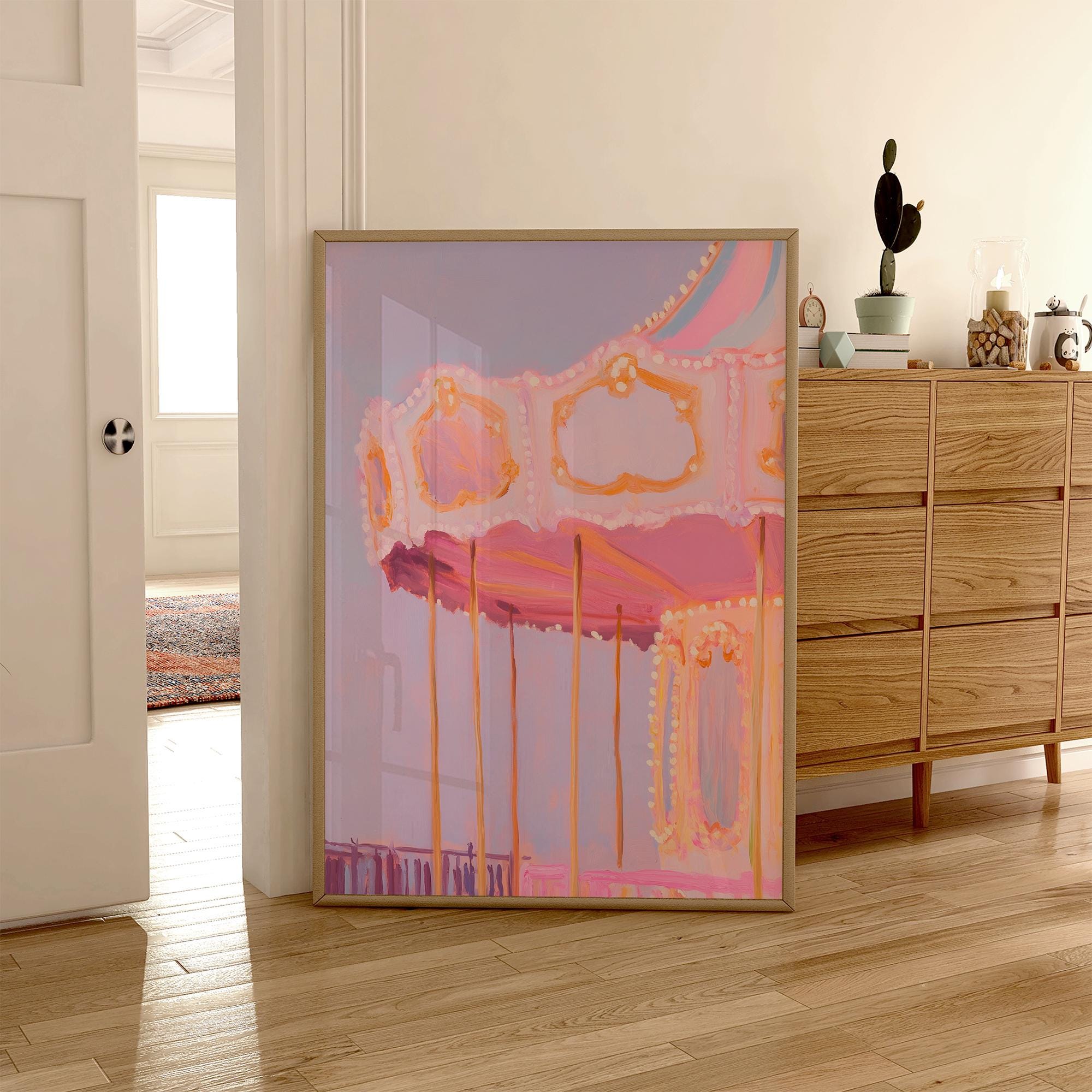 Pastel Carousel Wall Art | Soft Pink Carnival Print | Dreamy Amusement ...