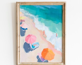 Pastel Beach Umbrella Wall Art | Aerial Seaside Painting | Oil Paint Coastal Scene Print | Colorful Beach View Art | Summer Ocean Home Decor