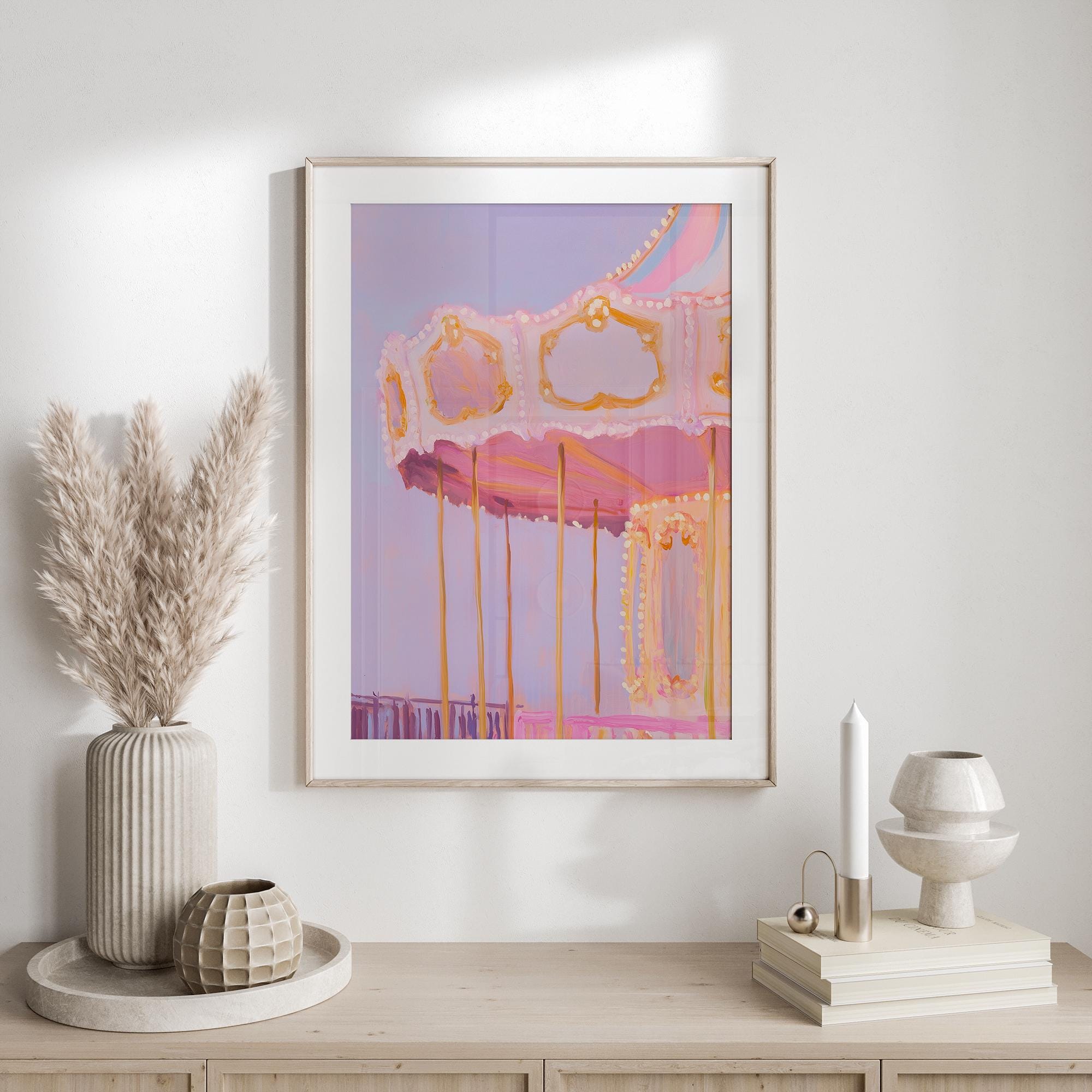 Pastel Carousel Wall Art | Soft Pink Carnival Print | Dreamy Amusement ...