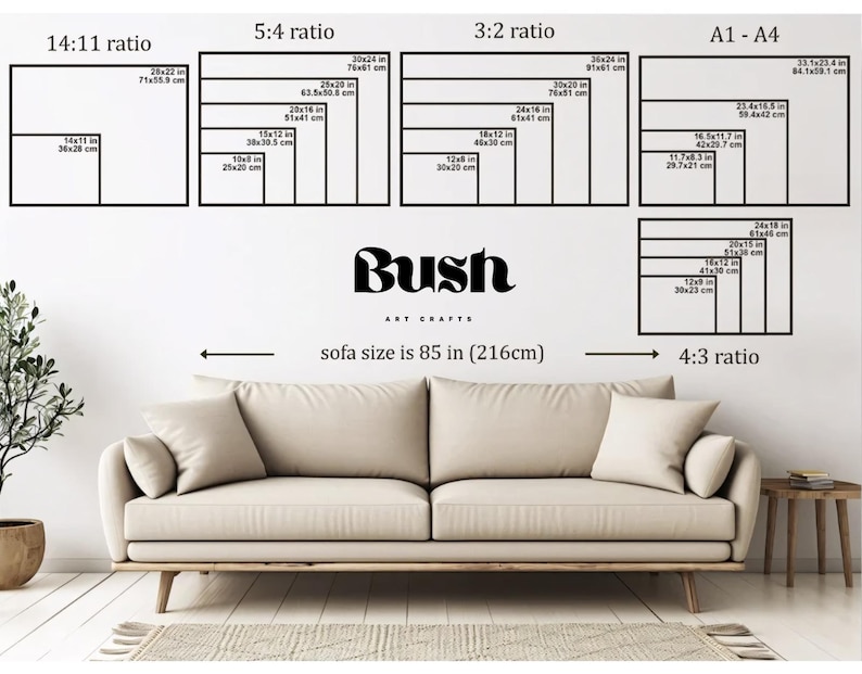 May include: A size guide chart for wall art prints featuring various aspect ratios including 14:11, 5:4, 3:2, A1-A4, and 4:3 with specific dimensions in inches. The text Bush Art Crafts is centered above a beige sofa measuring 85 inches in width.