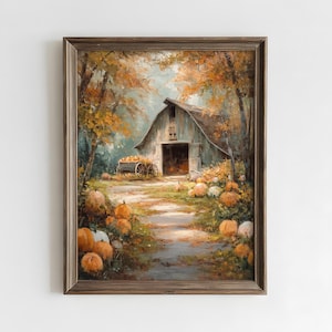 Pode incluir: Uma pintura a óleo emoldurada retratando um celeiro rústico cercado por numerosas abóboras laranja espalhadas ao longo de um caminho. A cena apresenta árvores de outono com folhagem dourada e uma carroça de madeira cheia de abóboras.