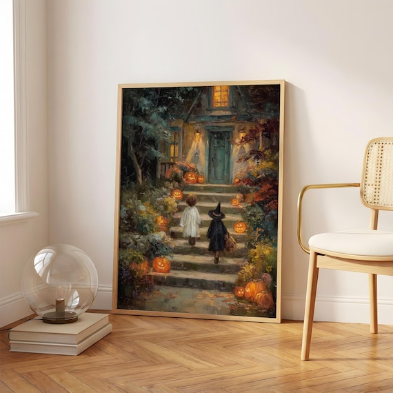 Vintage Halloween Porch Art | Cozy Autumn Witch Print | Trick Or Treat Art | Spooky Cottage Halloween Decor | Whimsical Halloween Kids Art