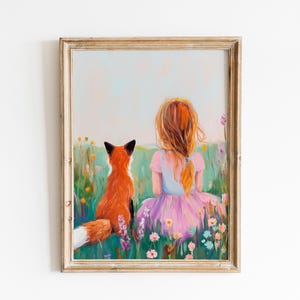 Vintage Fox Oil Painting | Girl And Fox Friendship Art | Girl Fox Meadow Print | Child And Fox Nursery Poster | Wildflower Storybook Art