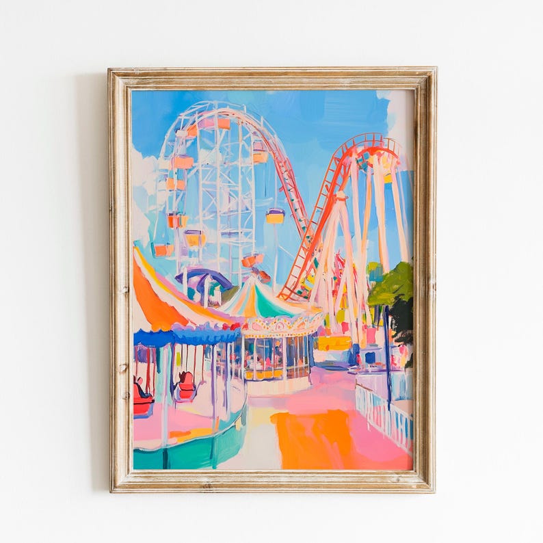 Pastel Amusement Park Wall Art | Colorful Roller Coaster Print | Ferris ...