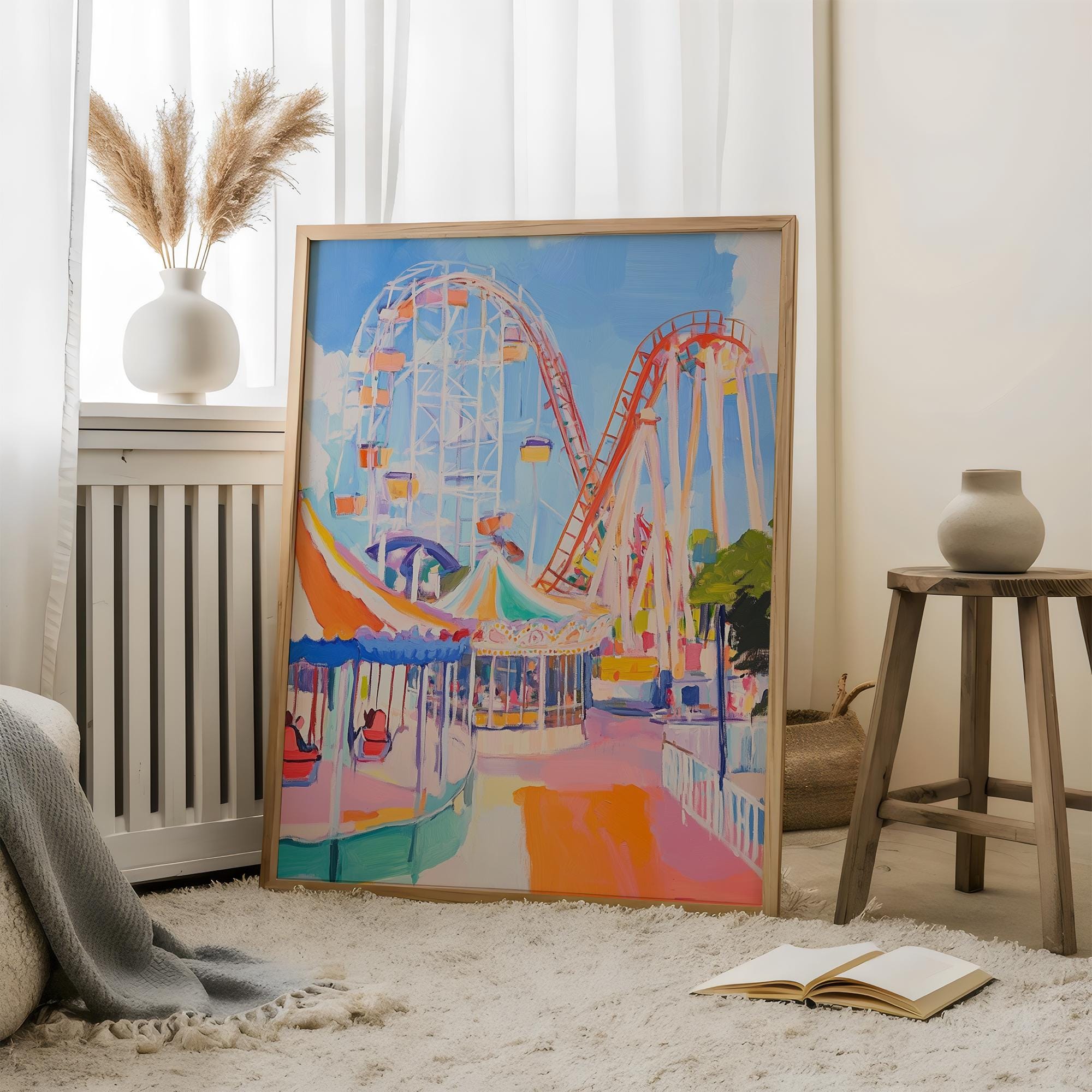 Pastel Amusement Park Wall Art | Colorful Roller Coaster Print | Ferris ...