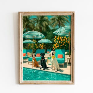 Luxus Hund am Pool | Palmen Strand Hund Druck | Garten Haustier Kunstwerk | Tropisches Geschenk am Pool Küstenhund | Sommer Hund Druck