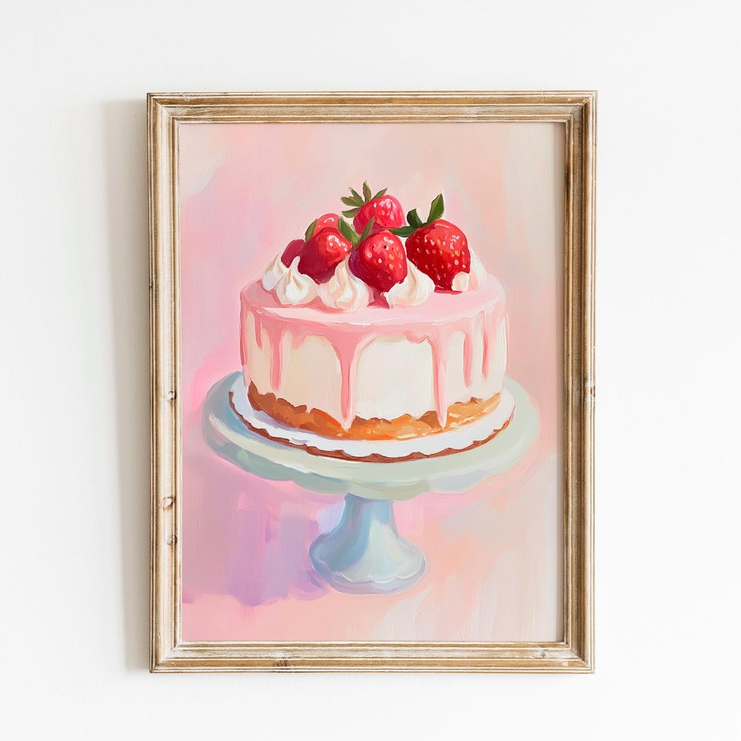 Strawberry Cake Wall Art | Kitchen Decor Oil Painting | Pink Wall Decor ...
