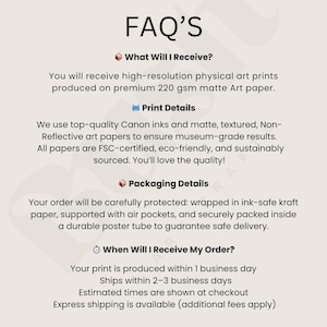May include: Image of an FAQ page with text about art prints. The text describes the prints as high-resolution, produced on premium 220 gsm matte art paper. Details on print quality, packaging, and shipping are also included.