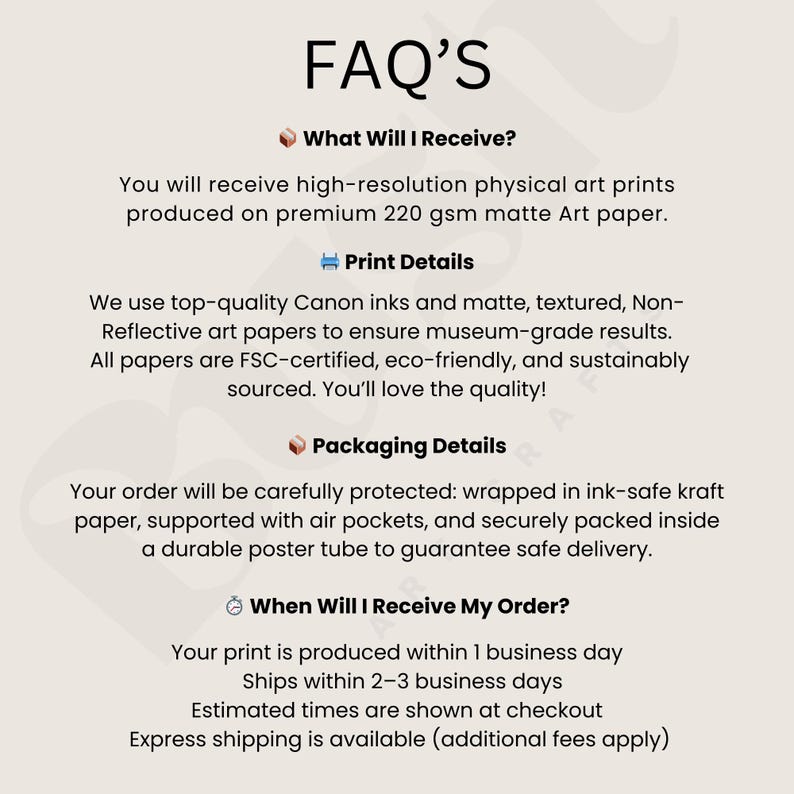 May include: Image of an FAQ page with text about art prints. The text describes the prints as high-resolution, produced on premium 220 gsm matte art paper. Details on print quality, packaging, and shipping are also included.