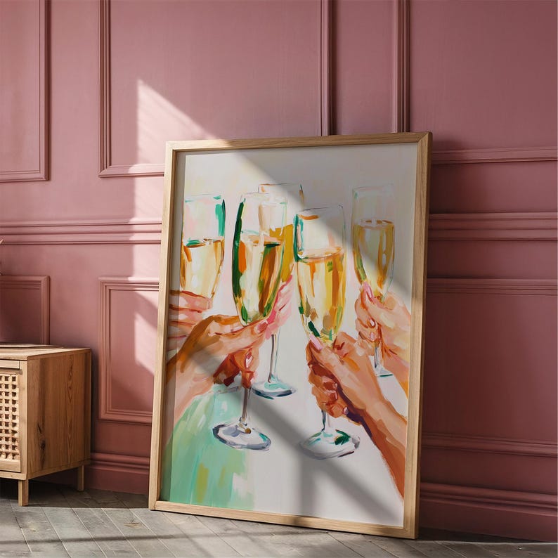 Champagne Wall Art Print | Celebration Oil Painting | Pastel Alcohol ...