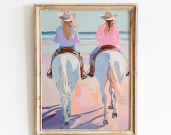 Stampa artistica di donne e cavalli in stile pastello sulla spiaggia / Dipinto di cowgirl costiera / Opera d'arte con cavalli da equitazione sull'oceano / Decorazione murale con pittura a olio sulla spiaggia Arte costiera