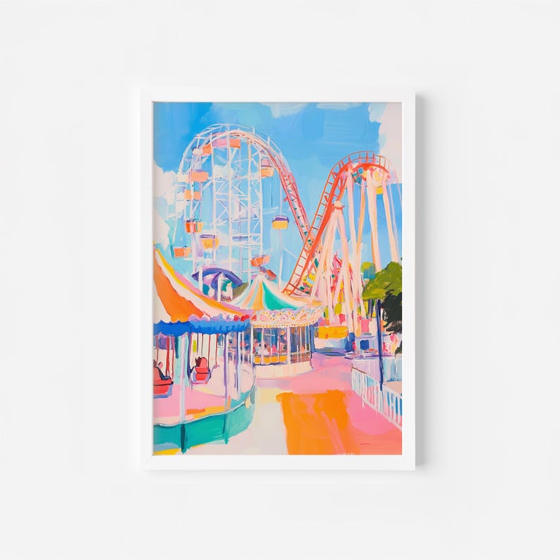 Pastel Amusement Park Wall Art | Colorful Roller Coaster Print | Ferris ...