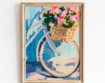 Pastelkleurige fietsmuurkunst | Bloemen fietsolieverfschilderij | Cottagecore-print bloemen | Zomermuurkunst | Blauwe kustprint | Decor in Franse stijl