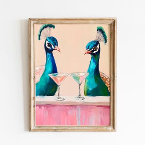 Cocktail Peacock Wall Art Print | Pastel Peacock Painting | Oil Paint Bird Bar Decor | Animal Art Gift for Bird Lovers | Modern Artwork