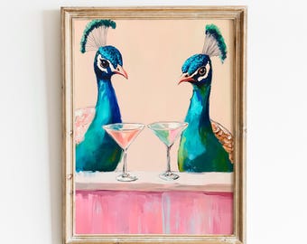 May include: Framed artwork featuring two stylized peacocks with teal and blue plumage, each with a martini glass. The painting has a pink and white bar and a light peach background.