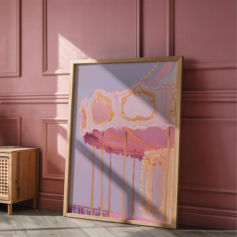 Pastel Carousel Wall Art | Soft Pink Carnival Print | Dreamy Amusement ...
