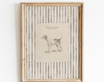 May include: Framed artwork featuring a vintage-style illustration of a dog. The dog is depicted in a standing pose with a spotted coat. The artwork includes the text "THE LOYAL ONE, Naples, FT. 1898". The frame has a distressed, light brown finish.