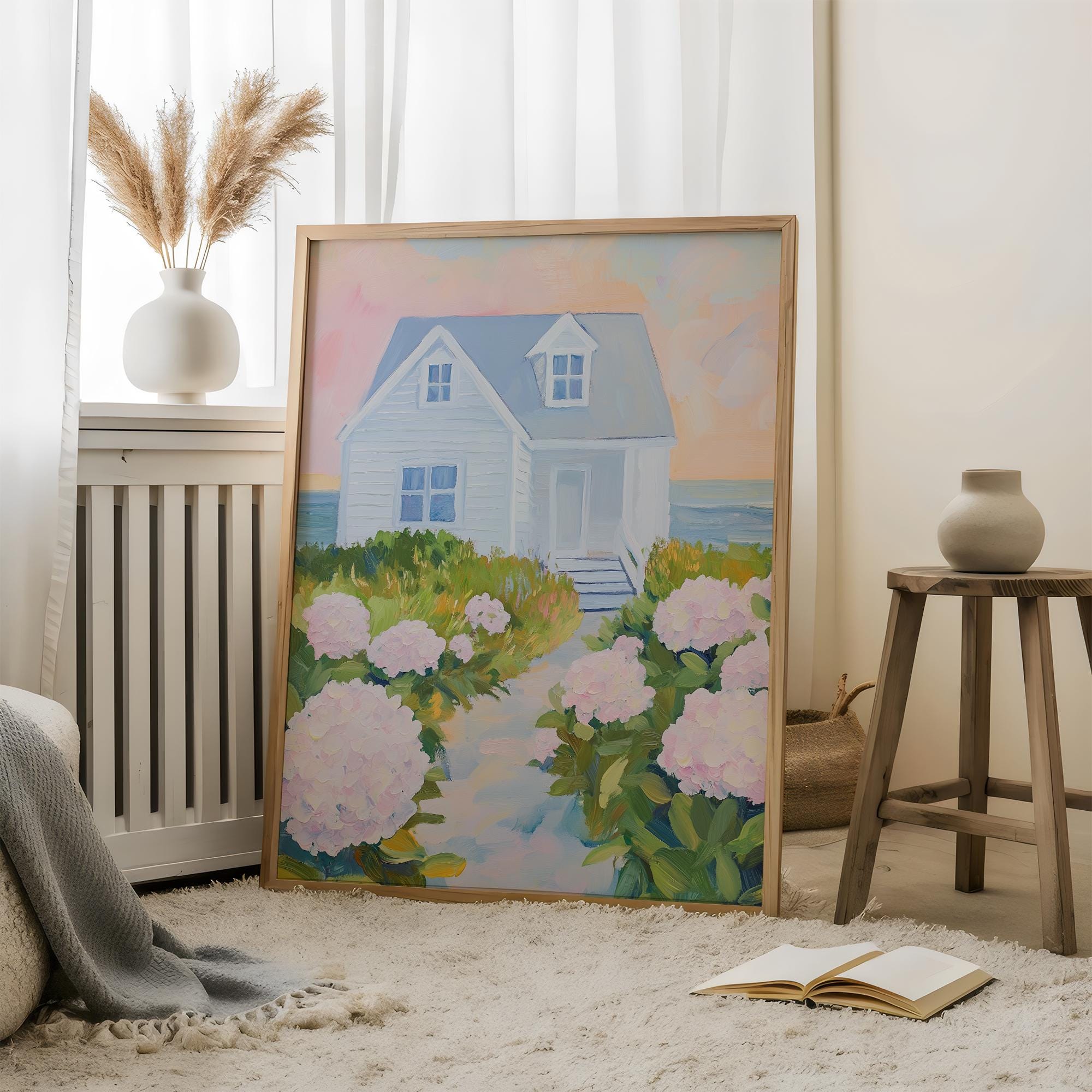 Pastel Coastal Cottage Wall Art | Garden Beach House Oil Painting ...