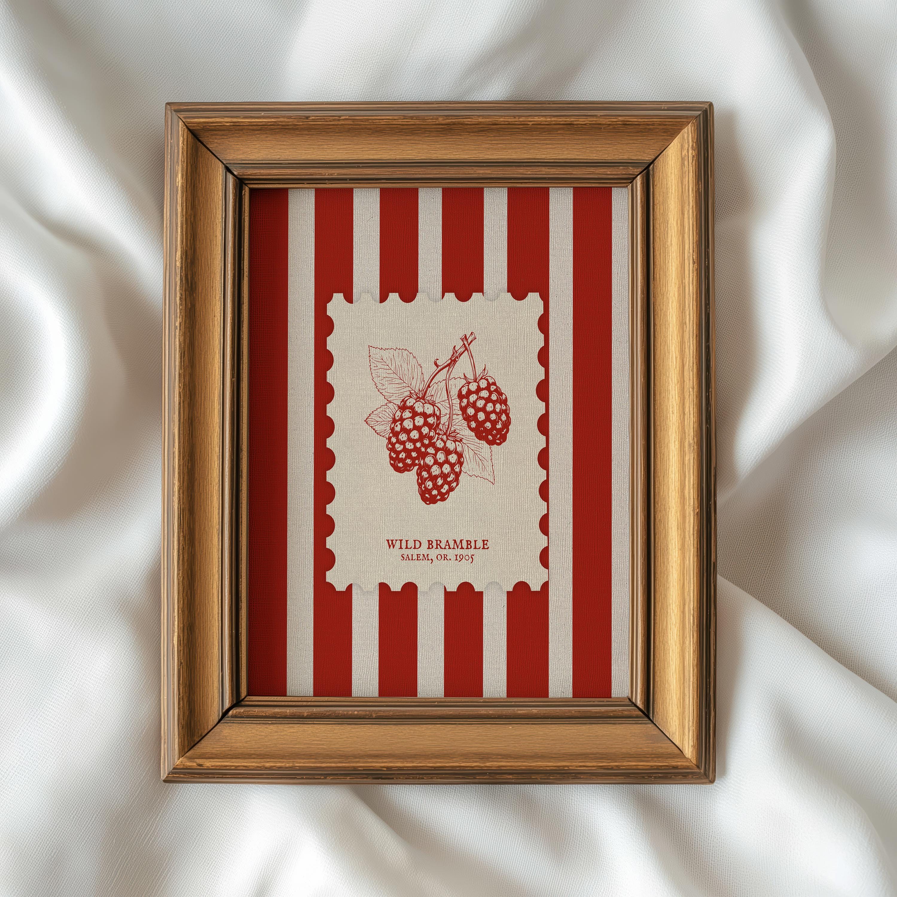 Vintage Raspberry Stamp Art | Rustic Kitchen Berry Wall Art | Vintage ...