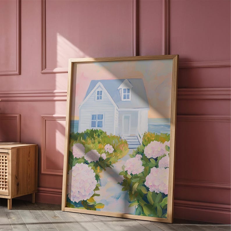 Pastel Coastal Cottage Wall Art | Garden Beach House Oil Painting ...
