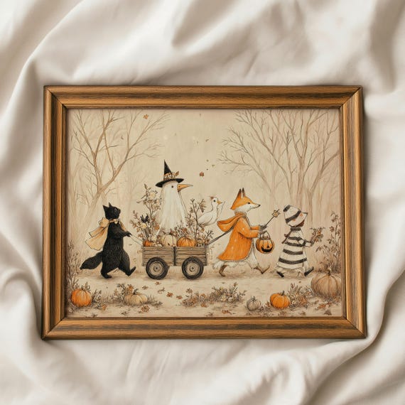 Whimsical Halloween Animal Parade | Vintage Woodland Halloween Print | Fox Trick Or Treat Art | Cozy Autumn Halloween Art | Rustic Fall Art