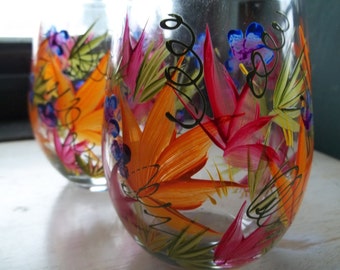 4 ROUSSEAU Inspired tropical fowers Stemless 18oz Hand Painted Wine Glasses Gift Wedding Mother's Day