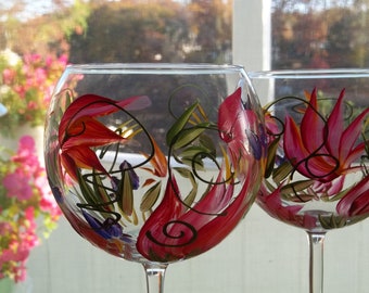 2 TROPICAL GARDEN flowers Hand Painted Red Wine Glasses Gift Wedding party  Mother's Day