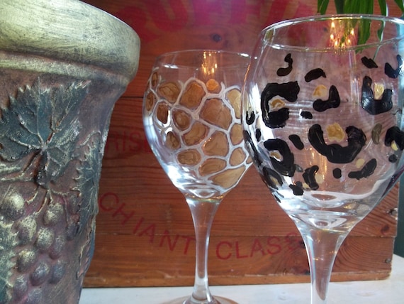 Leopard Print Wine Glass Glasses With Black Stem Great Gift -    Printed wine glasses, Hand painted wine glasses, Fancy wine glasses
