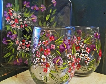 2 ROMANTIC GARDEN flowers Stemless Hand Painted Wine Glasses & 1 Cheese Plate Gift Wedding party Mother's Day