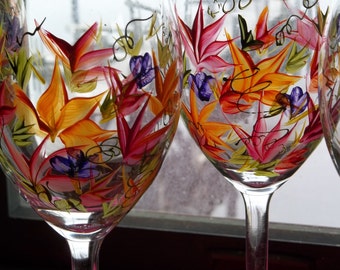 2 ROUSSEAU Inspired tropical flowers Hand Painted 20oz Wine Glasses Gift Wedding Mother's Day