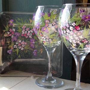 2 ROMANTIC GARDEN flowers Hand Painted Wine Glasses & 1 Cheese Plate Gift Wedding party Mother's Day image 2