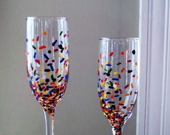 4 FUN CONFETTI  Hand Painted Champagne Flutes Glasses Celebration Gift Wedding party  Mother's Day