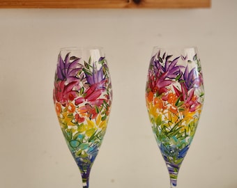 4 Hand Painted RAINBOW Champagne Flutes Glasses Gift Wedding party  Mother's Day