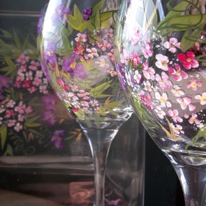 2 ROMANTIC GARDEN flowers Hand Painted Wine Glasses & 1 Cheese Plate Gift Wedding party Mother's Day image 1