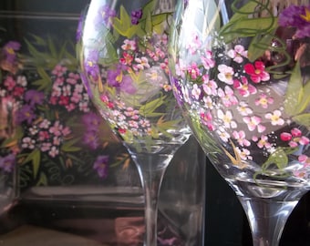 2 ROMANTIC GARDEN flowers Hand Painted Wine Glasses & 1 Cheese Plate Gift Wedding party Mother's Day