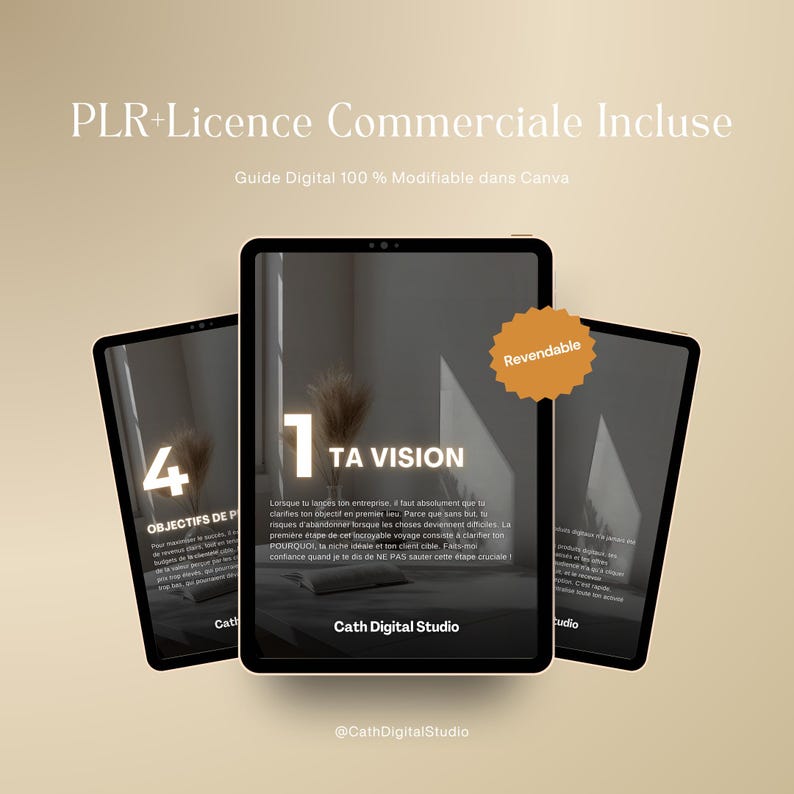 May include: Three digital tablets displaying a digital guide with the text "TA VISION" and "OBJECTIFS DE P". The tablets have a beige background with the text "PLR+Licence Commerciale Incluse" and "Guide Digital 100 % Modifiable dans Canva". A sticker reads "Revendable".