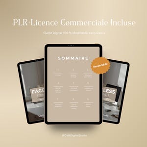 May include: Three digital tablets displaying a digital guide with the text "SOMMAIRE" and a list of topics. The tablets are arranged on a beige background. The text "PLR+Licence Commerciale Incluse" is at the top.