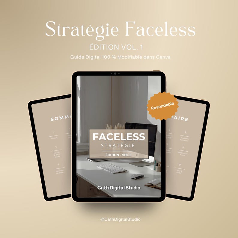 May include: Three digital tablets displaying a digital guide titled "Strat&eacute;gie Faceless." The guide's cover is visible on the central tablet, with the text "&Eacute;DITION VOL. 1" and "Guide Digital 100 % Modifiable dans Canva." The background is a neutral beige.