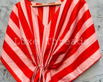 Hand Block Striped Cotton Kaftan: Boho Beach Resort Wear