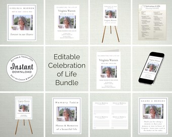 Bearbeitbares Feier des Lebens Bundle, minimalistische Gedenkvorlagen (Canva Download)