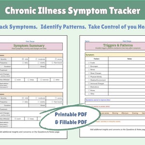 May include: A printable PDF chronic illness symptom tracker with sections for symptom summary and triggers & patterns. The tracker includes fields to record severity, frequency, and duration of symptoms. Text on the image reads: Track Symptoms. Identify Patterns. Take Control of you Health.