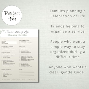 Puede incluir: Una lista de verificaci&oacute;n para la planificaci&oacute;n de una Celebraci&oacute;n de la Vida con un dise&ntilde;o floral. La lista de verificaci&oacute;n incluye secciones para detalles b&aacute;sicos, planificaci&oacute;n del servicio, comida y refrigerios y materiales impresos. El texto de la imagen dice "Perfecto para" y "Una vida recordada es una vida celebrada."